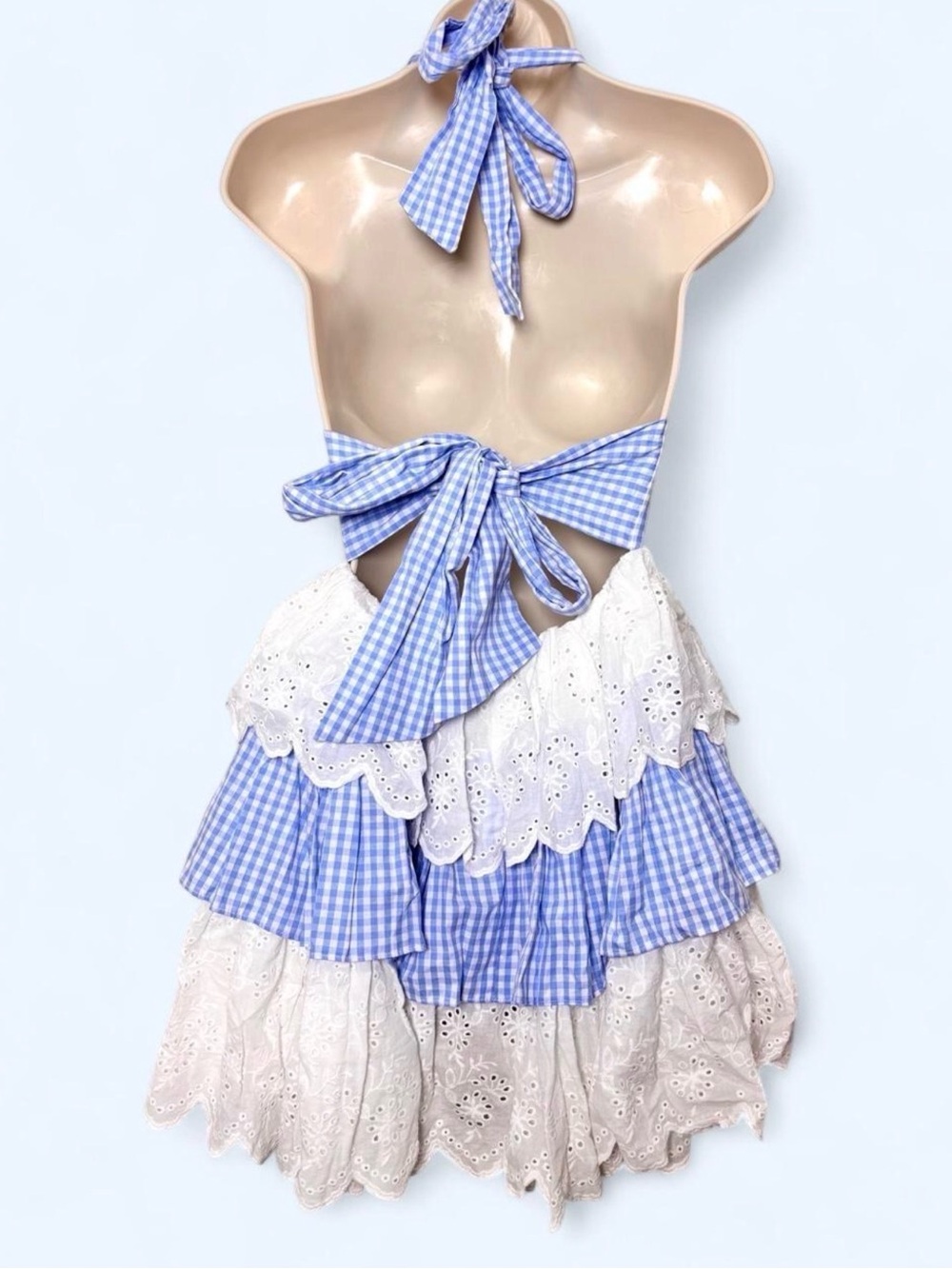 Sugar Thrillz Blue Gingham Broderie Tiered Halter Dress Tieback Size XS - Picture 4 of 5
